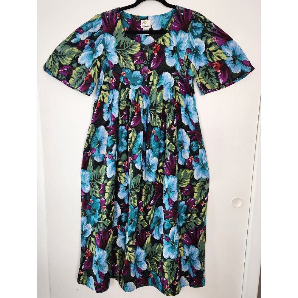 Daffodil 100% Cotton Muumuu Style Hawaiian Floral Print Pleated Dress Pockets, M